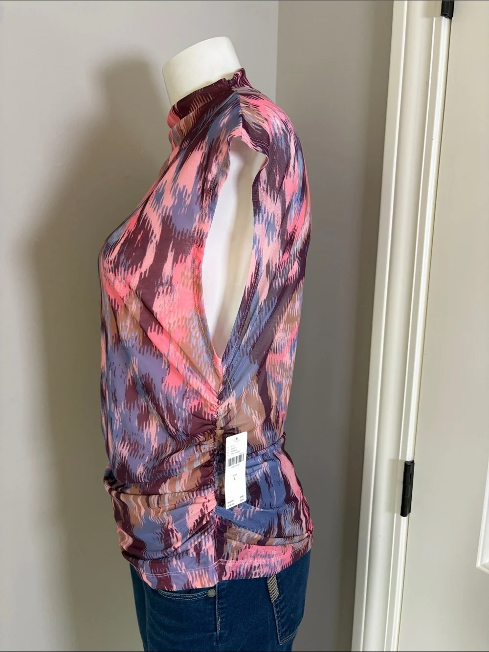 Anthropologie Maeve Mock Neck Mesh Muscle Top Side Ruched Pink Brown Sz L NEW